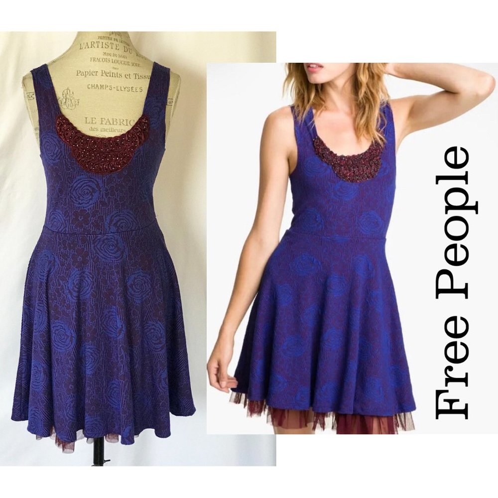 Free People Beaded Tulle Floral Midnight Glimmer Skater Dress